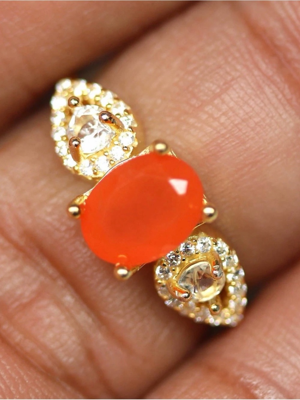 Natural Orange Carnelian 1.20CT w/ Zircon 18K Gold over 925 Sterling Ring Size 6